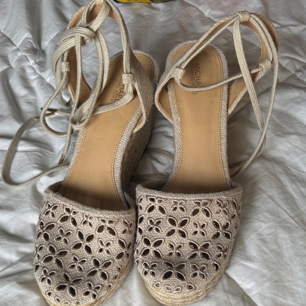 Michael Kors Tan Crochet Espadrille Wedge Sandals with Ankle Ties